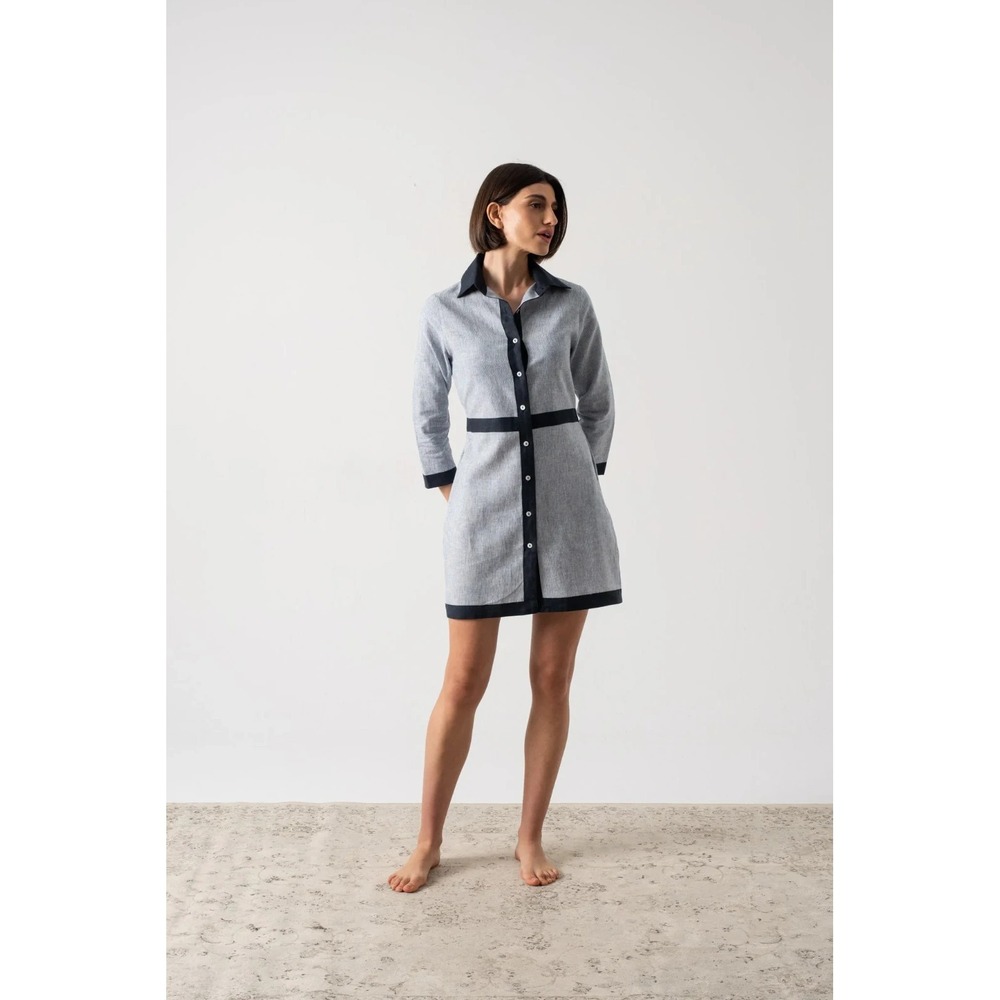 Contrast-Trim Light Gray Mini Shirt Dress